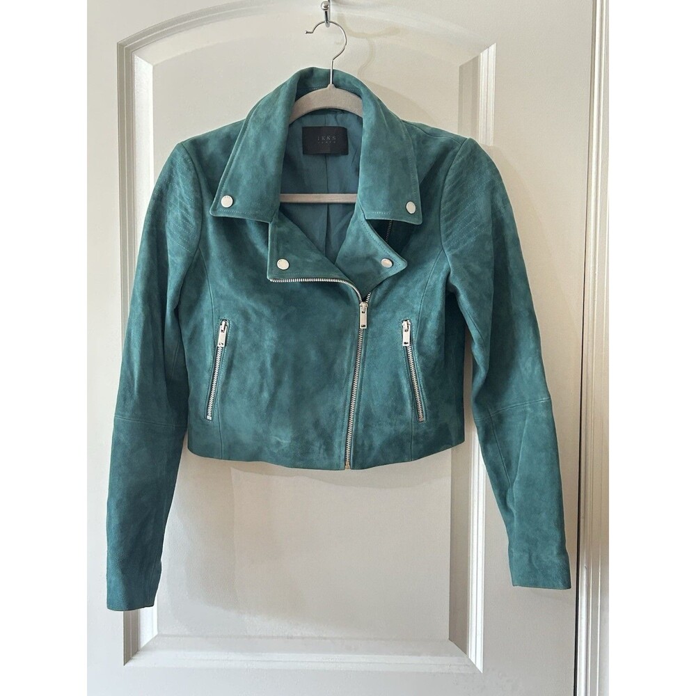 IKKS Women’s Size Small Green Suede Moto Jacket EUC - Picture 2 of 9